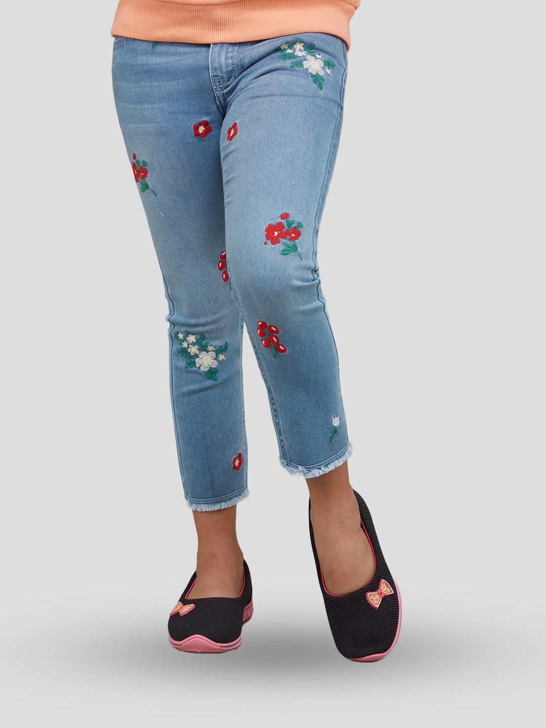 

Zalio Girls Skinny Fit Embroidered Pure Cotton Jeans, Blue