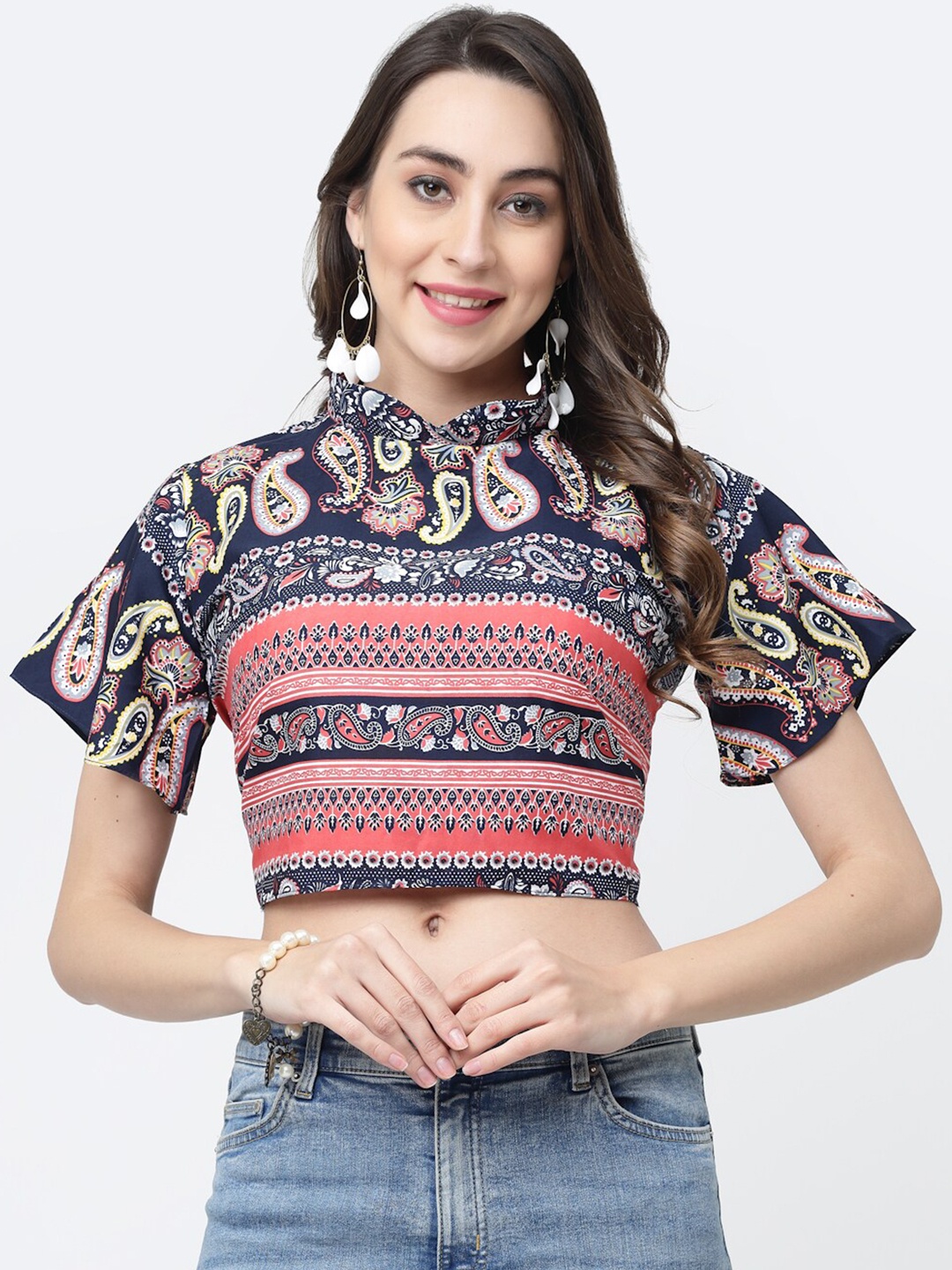 

MISS AYSE Print Mandarin Collar Crop Top, Navy blue