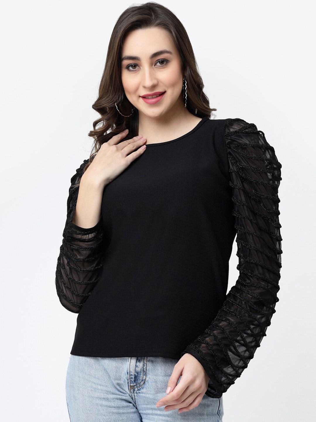 

MISS AYSE Puff Sleeve Top, Black