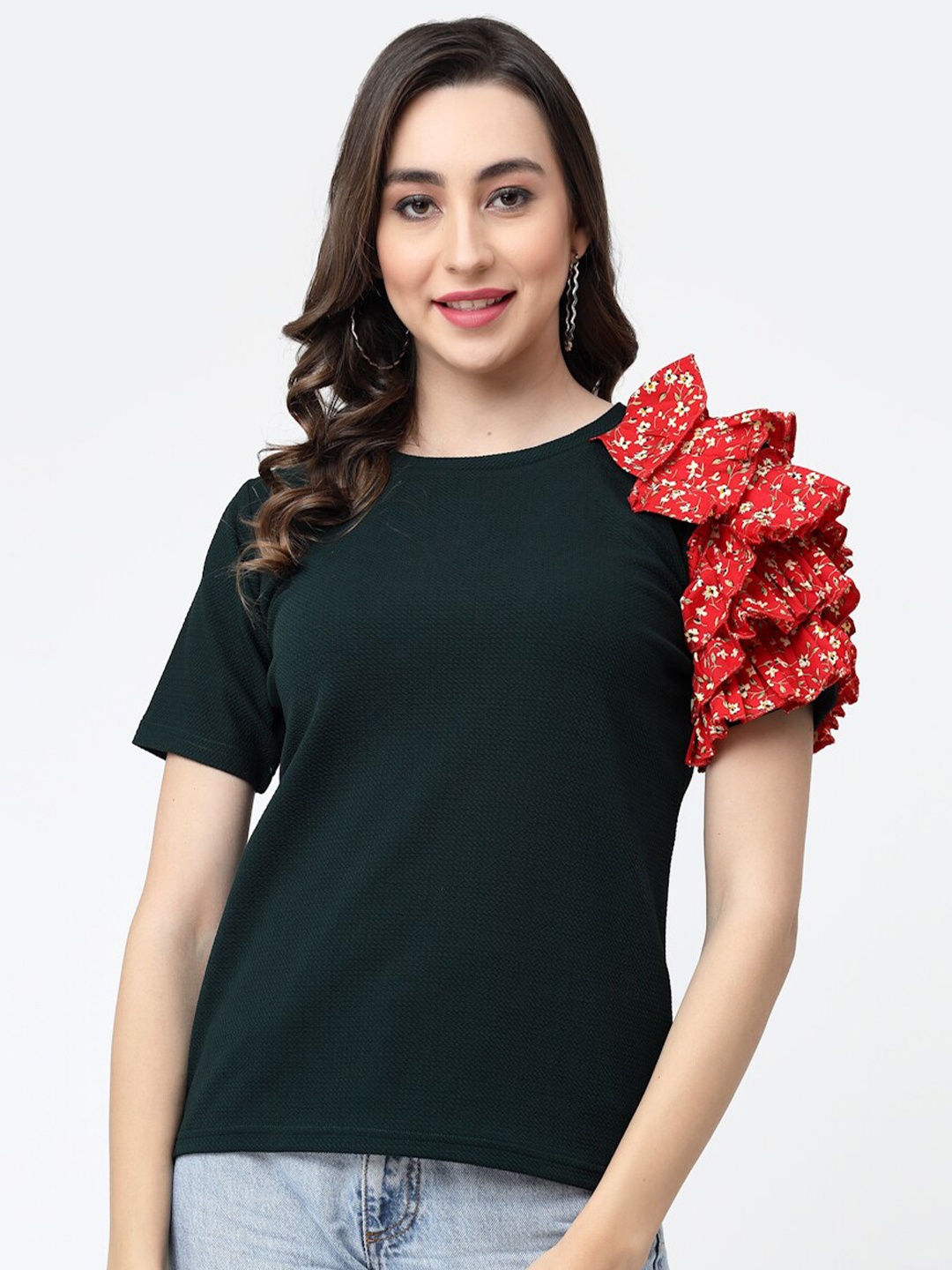 

MISS AYSE Ruffle Sleeved Round Neck Top, Black