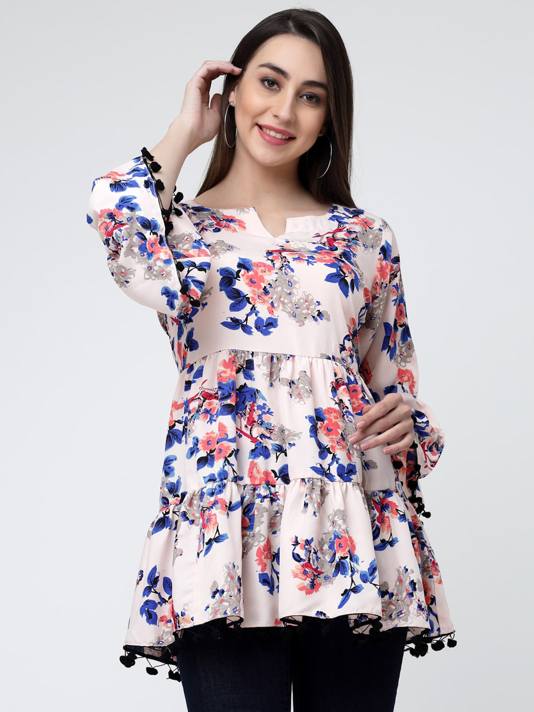 

MISS AYSE Floral Print Longline Top, Cream