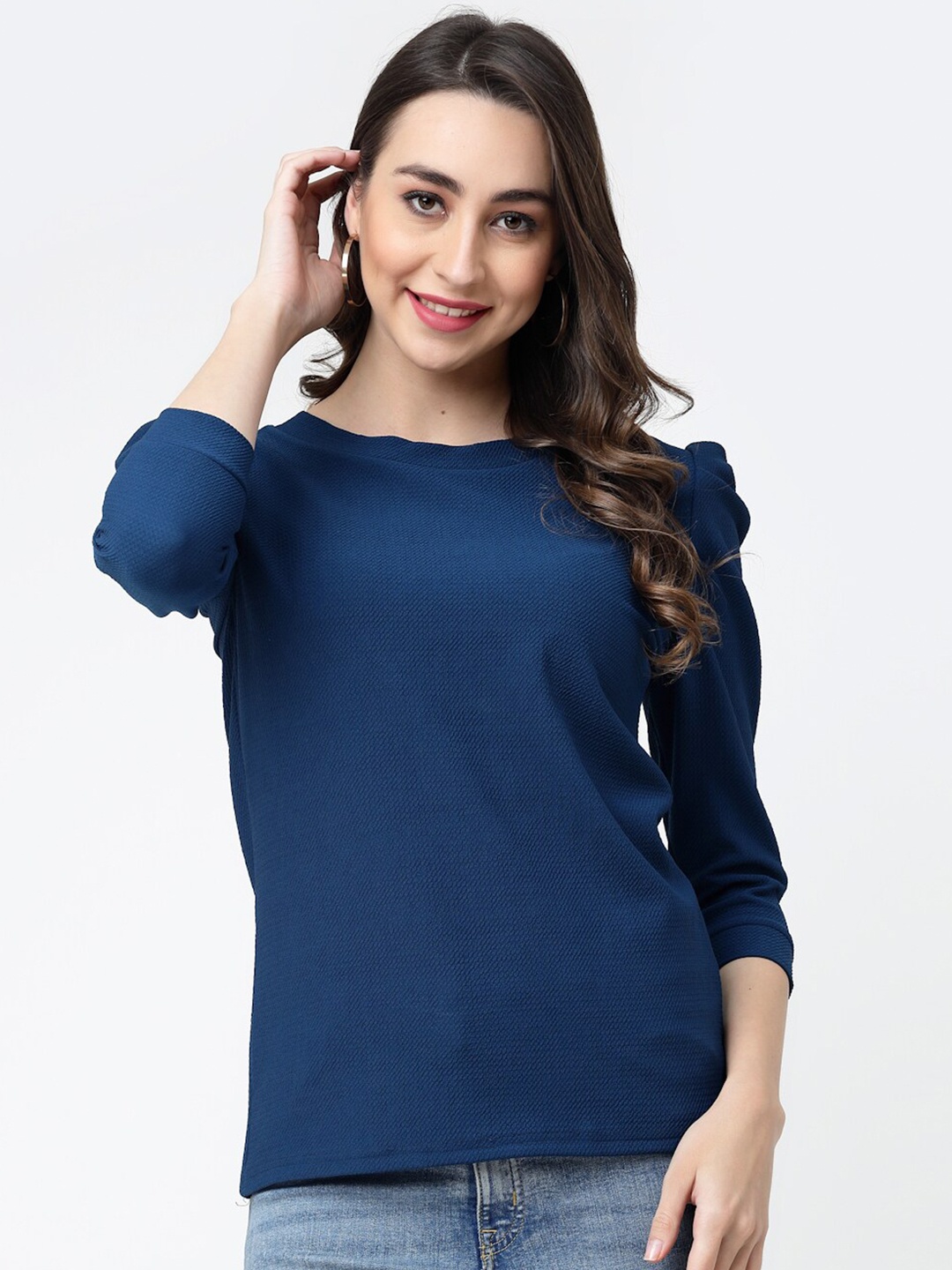 

MISS AYSE Round Neck Puff Sleeves Top, Blue