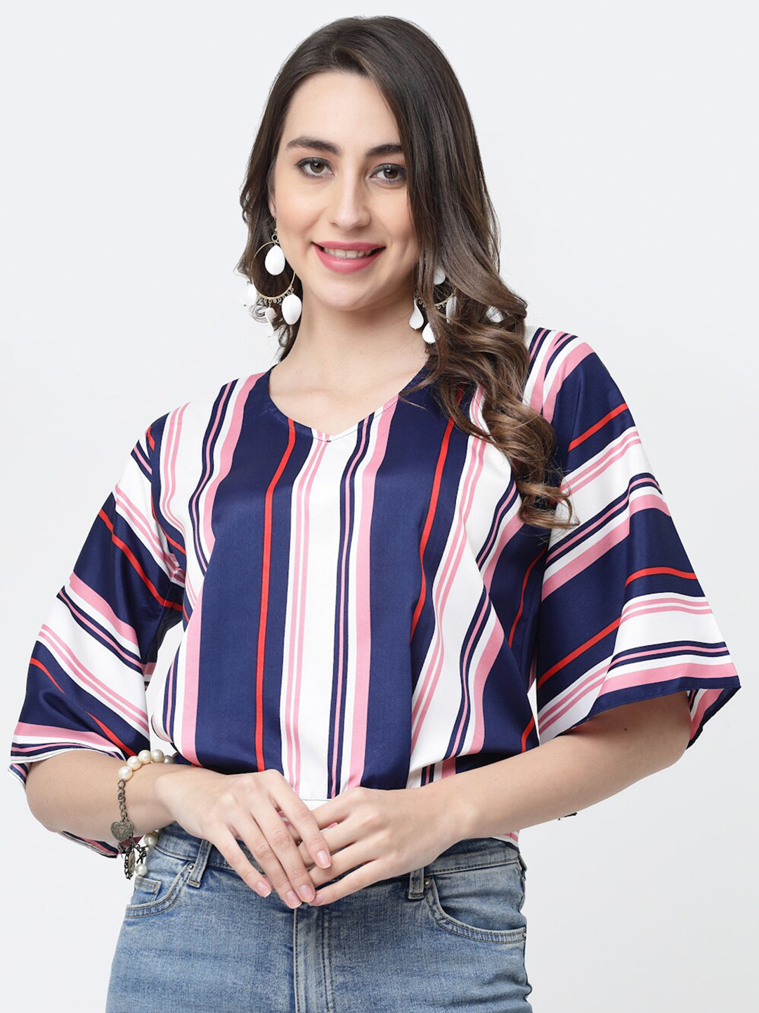 

MISS AYSE V-Neck Striped Regular Top, Blue