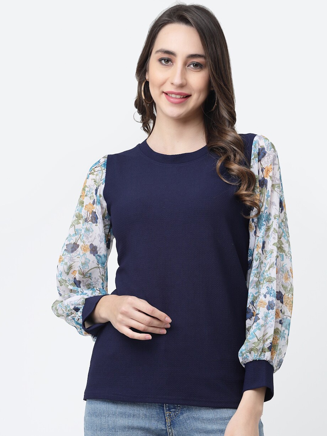 

MISS AYSE Round Neck Puff Sleeves Top, Navy blue
