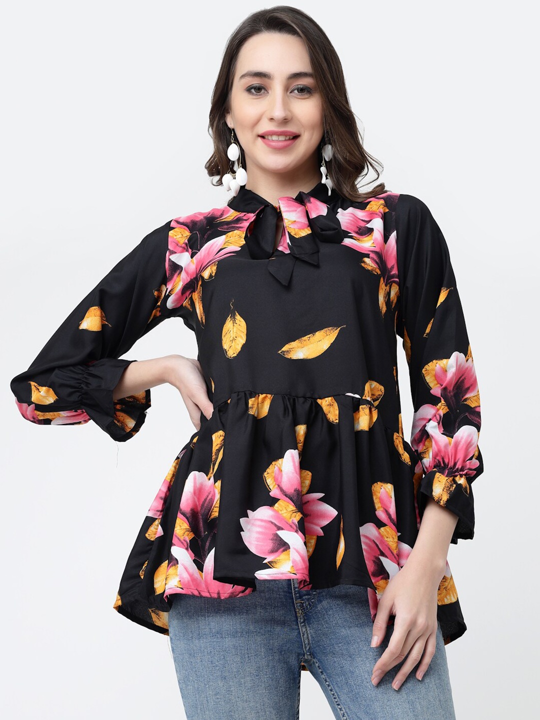 

MISS AYSE Floral Print Tie-Up Neck Crepe Peplum Top, Black