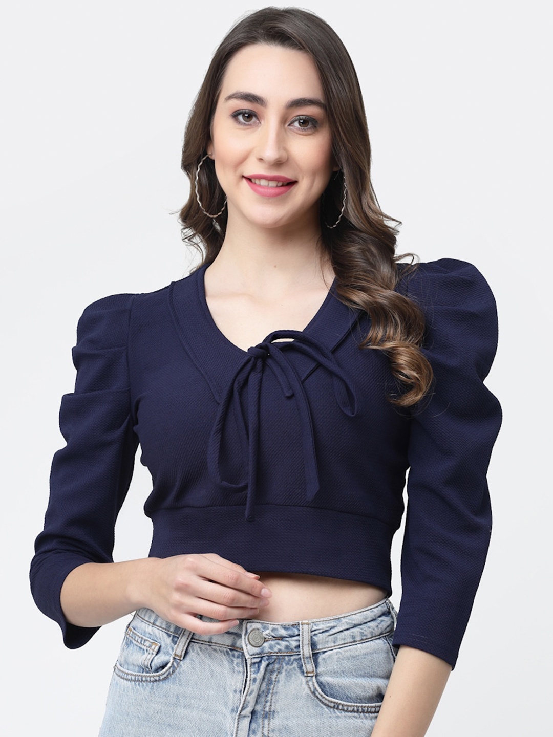 

MISS AYSE Tie-Up Neck Indigo Crop Top, Navy blue