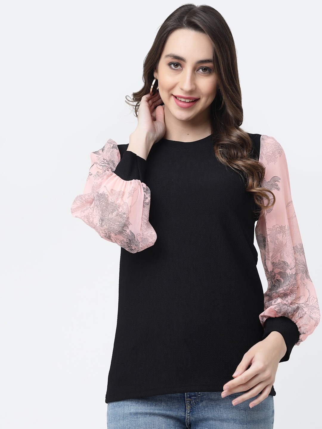 

MISS AYSE Round Neck Bishop Sleeves Top, Black