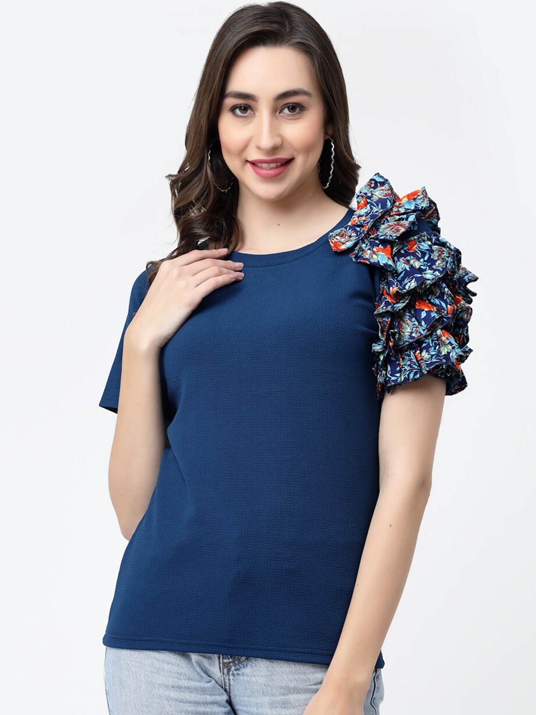 

MISS AYSE Flutter Sleeves Ruffled Top, Navy blue