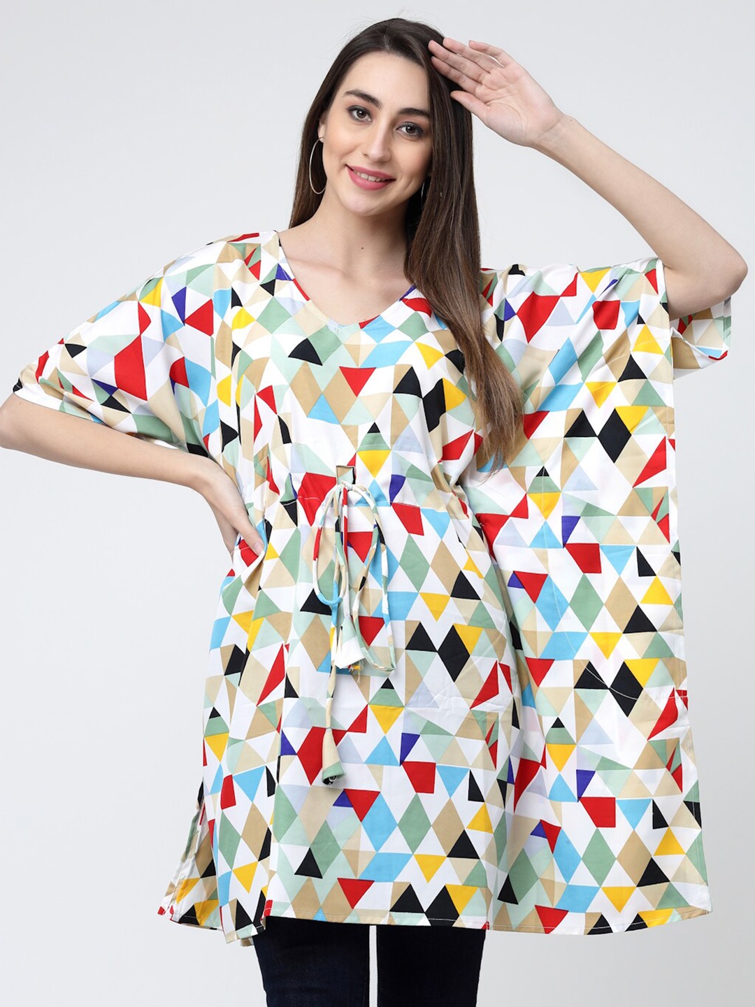 

MISS AYSE Geometric Print Crepe Kaftan Top, White
