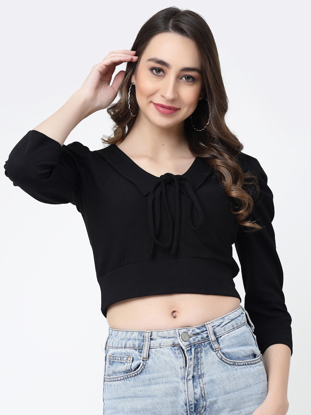 

MISS AYSE Tie-Up Neck Puff Sleeve Crop Top, Black