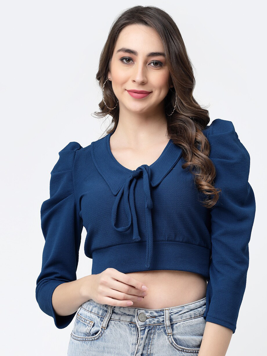 

MISS AYSE Tie-Up Neck Puff Sleeve Crop Top, Blue