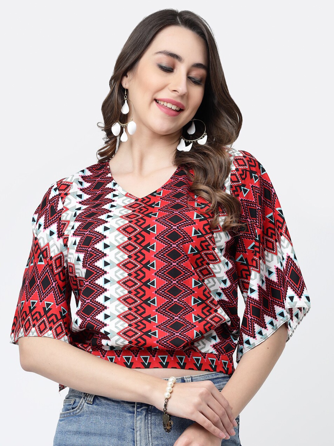 

MISS AYSE Geometric Print V-Neck Blouson Crop Top, Maroon