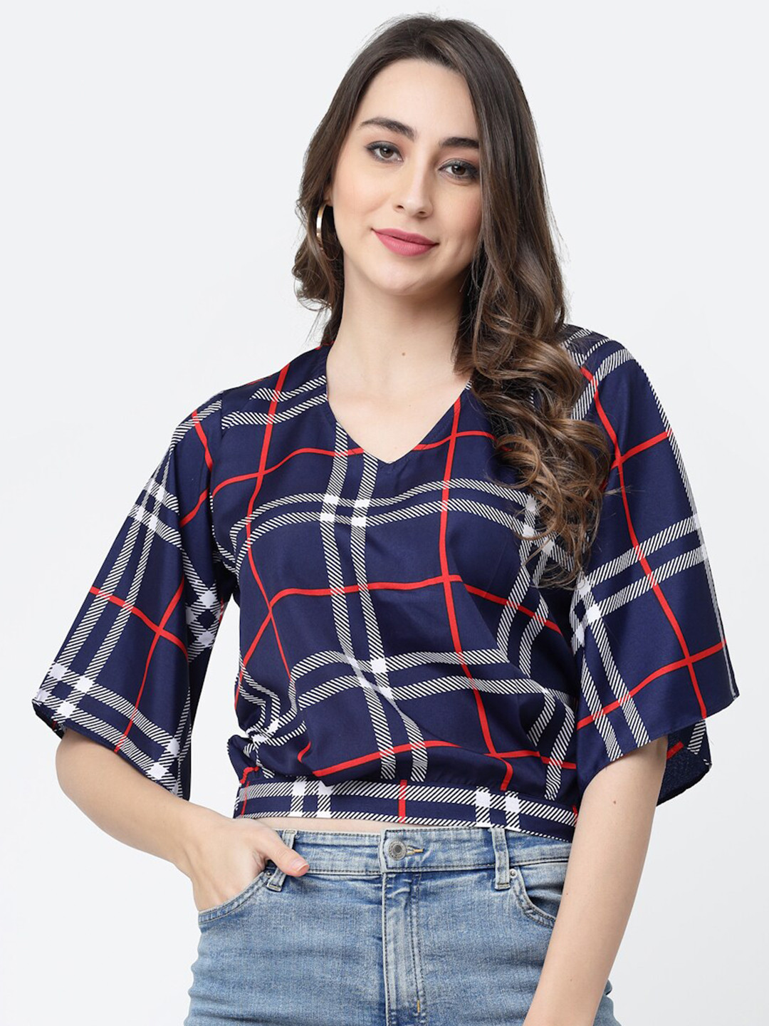

MISS AYSE Checked Blouson Crop Top, Navy blue