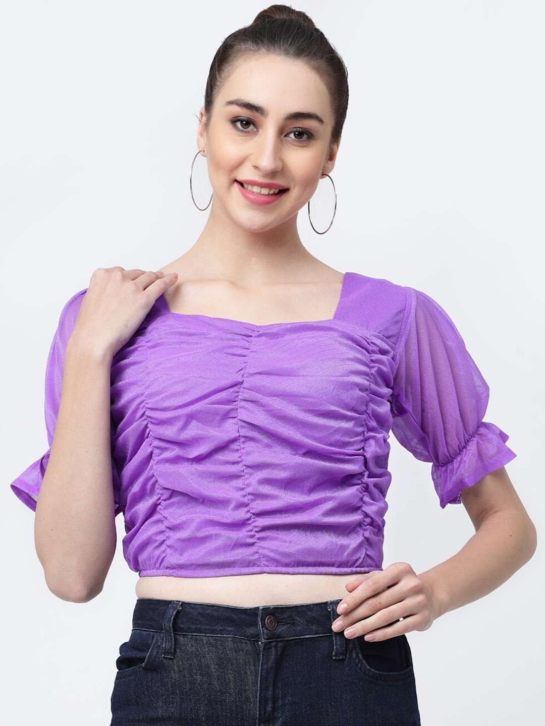 

MISS AYSE Georgette Blouson Crop Top, Lavender