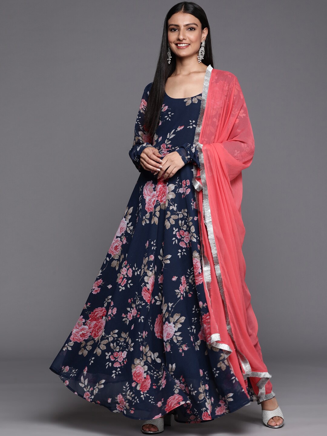 

Varanga Blue Floral Georgette Ethnic Maxi Maxi Dress