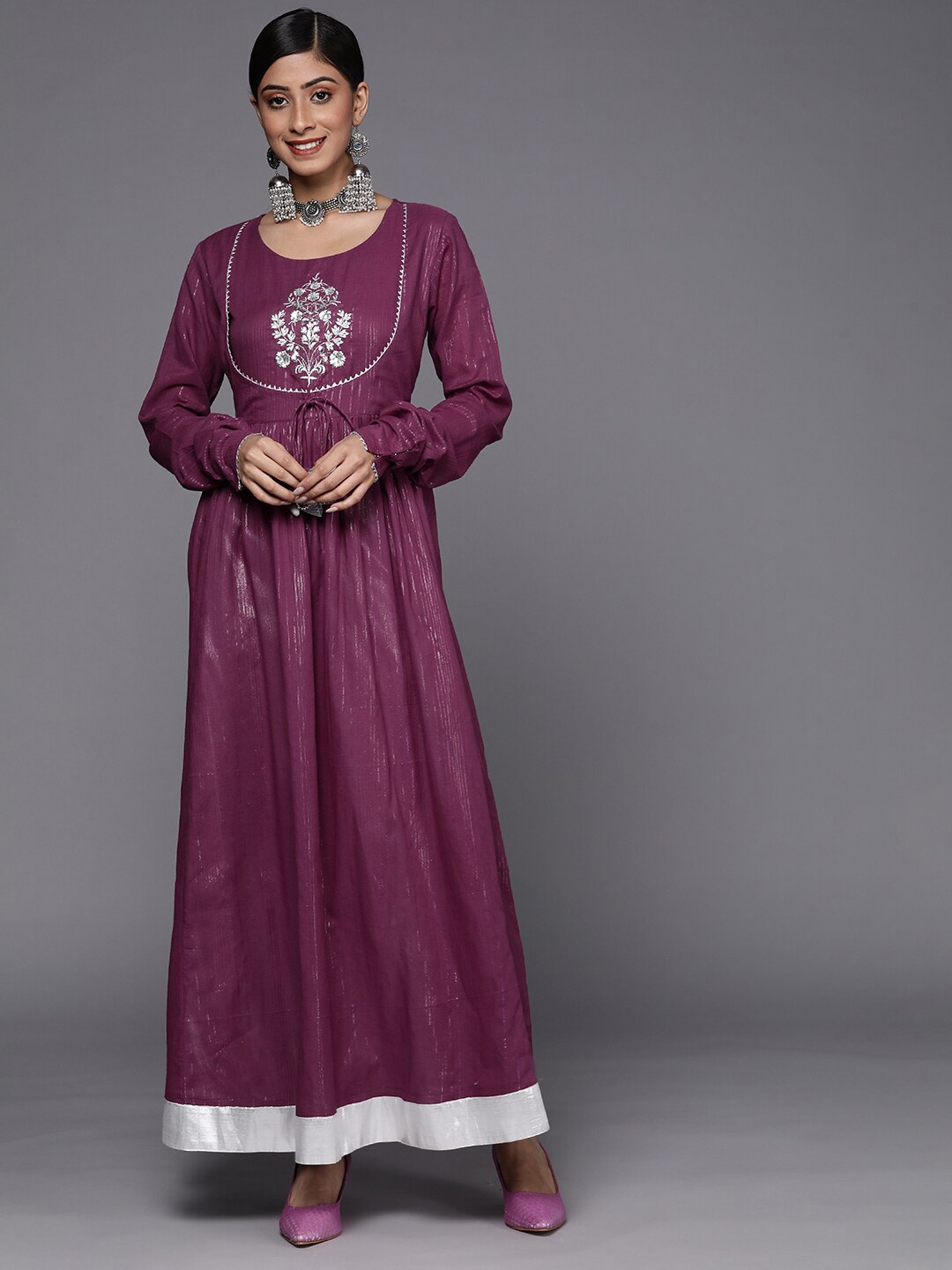 

Varanga Floral Embroidered Long Sleeve Maxi Ethnic Dress, Purple