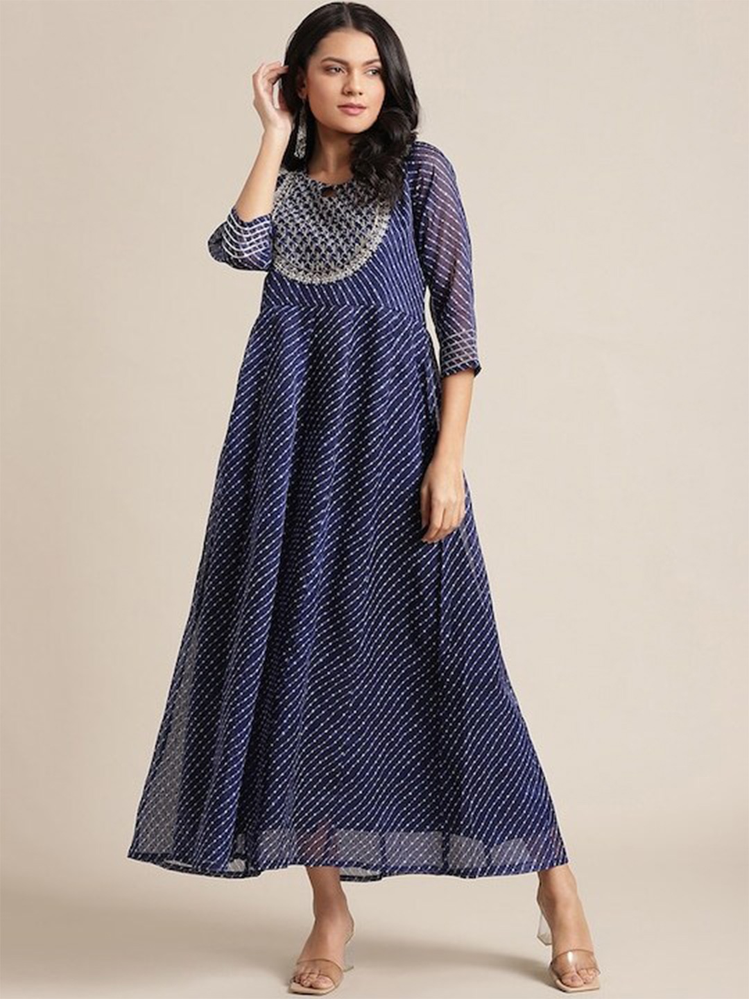 

Varanga Leheriya Printed Key Hole Neck Embroidered Maxi Ethnic Dress, Blue