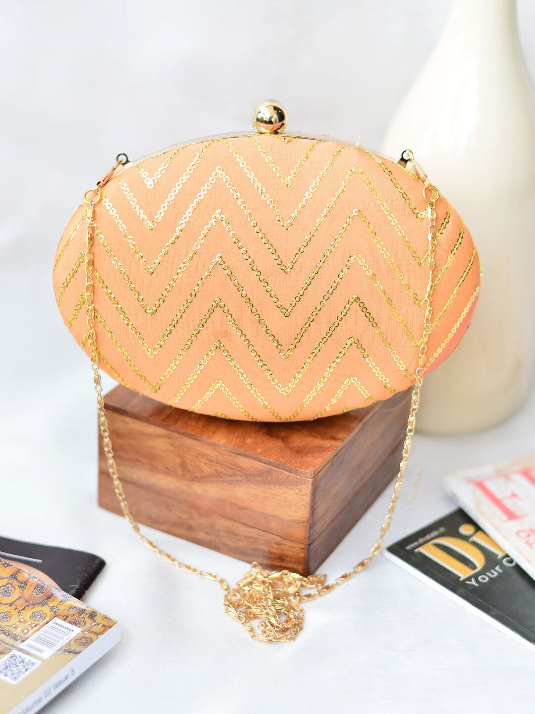 

ARTKLIM Embellished Shoulder Strap Oval Clutch, Peach