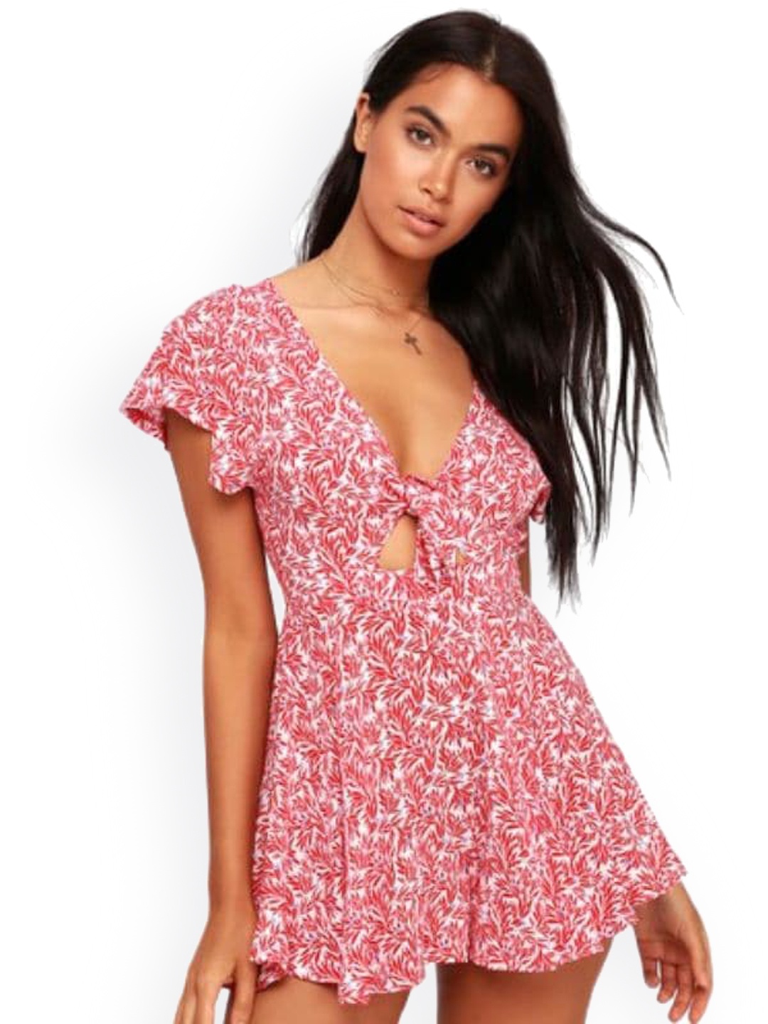 

La Aimee Women Printed Tie-Up Neck Playsuit, Red
