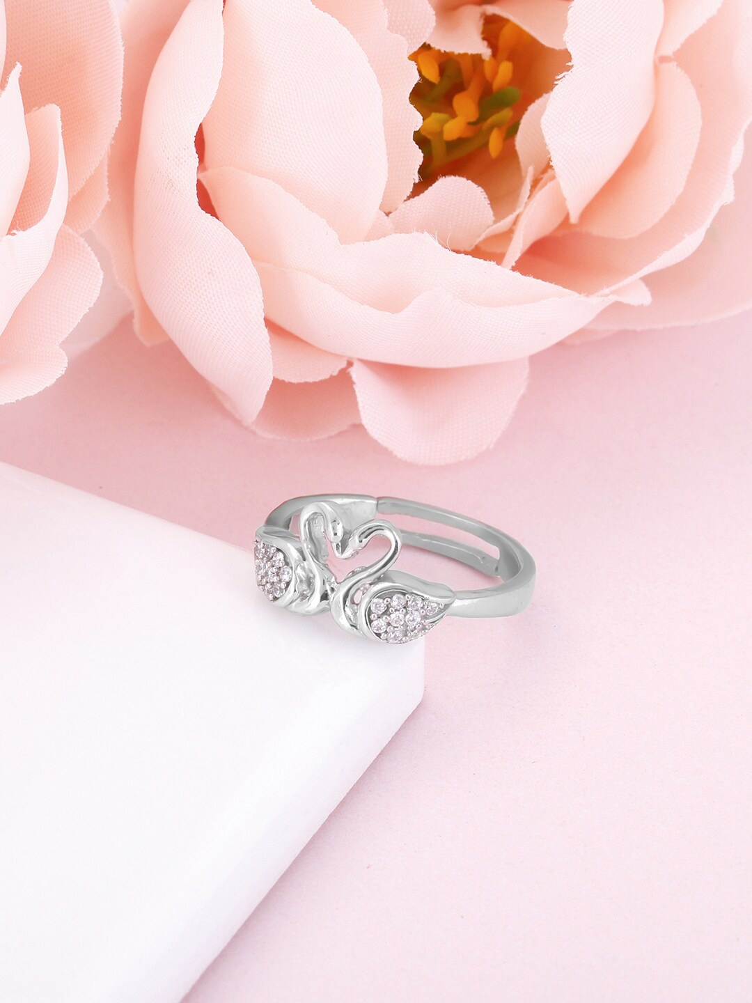 

GIVA 92.5 Sterling Rhodium-Plated CZ Stone Studded Swim In Love Adjustable Finger Ring, Silver