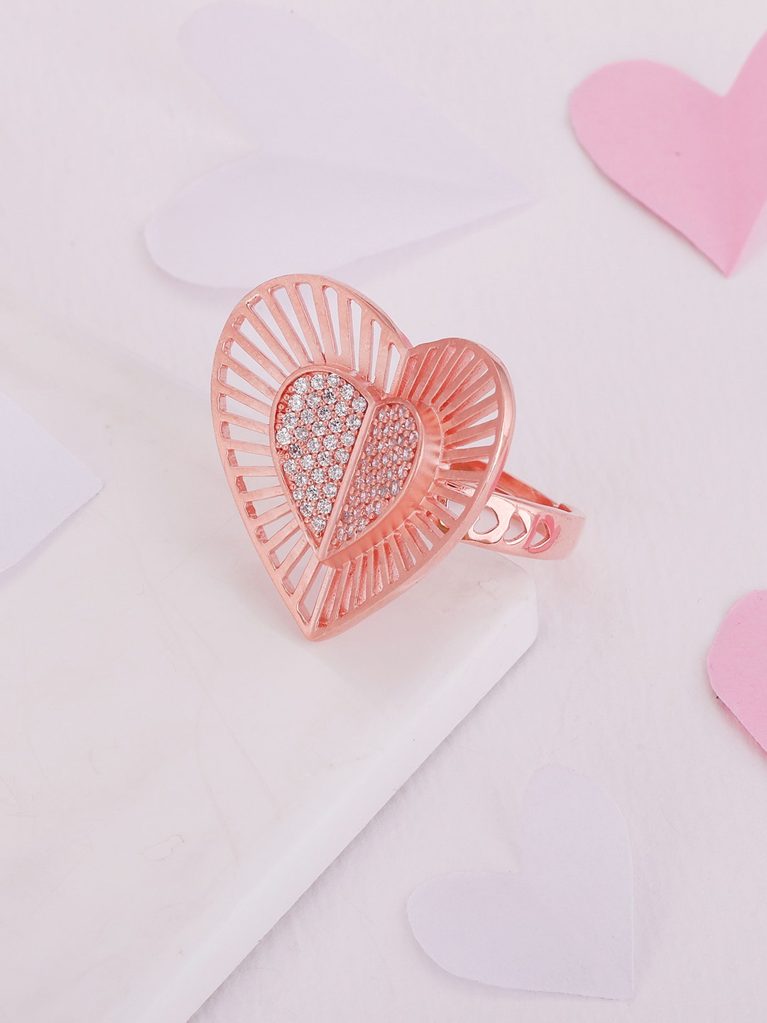 

GIVA 92.5 Sterling Silver Rose Gold-Plated CZ-Studded Adjustable Finger Ring