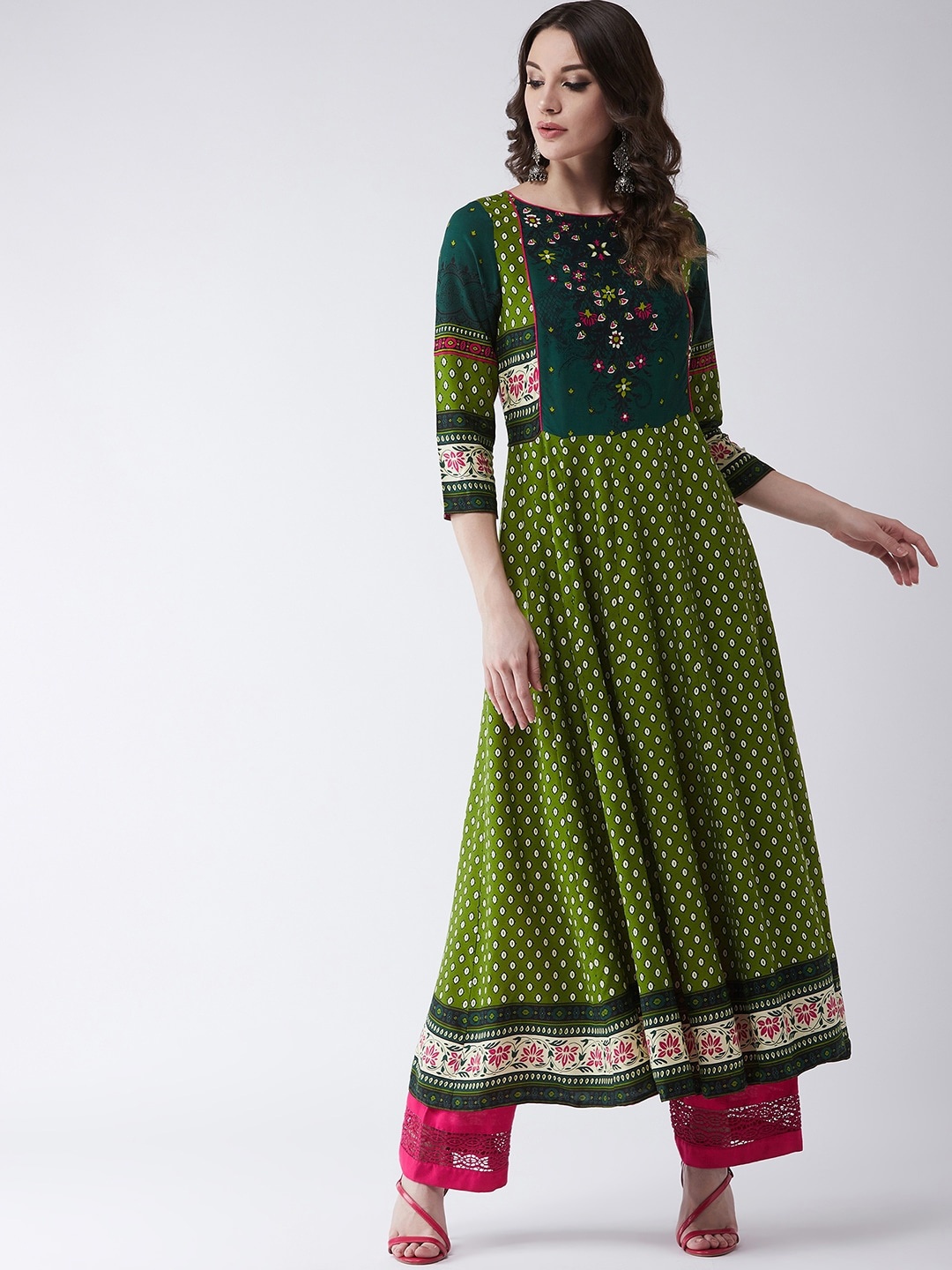 

Pannkh Women Bandhani Printed Anarkali Kurta, Green
