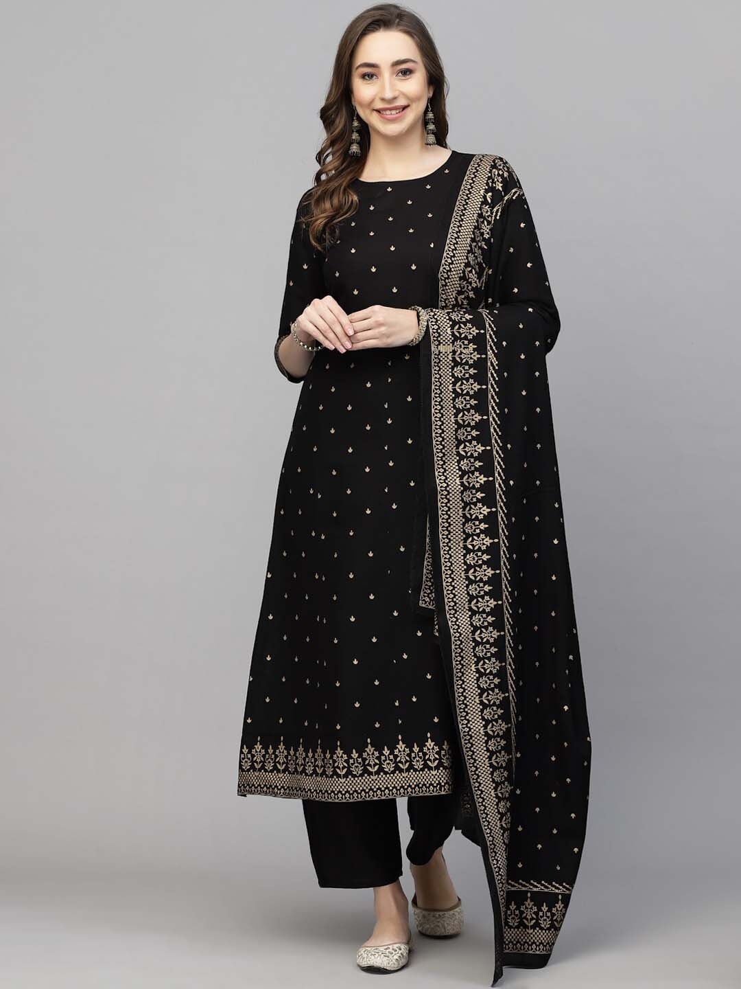 

JAIPURI BUNAAI Ethnic Printed Kurta with Palazzos & Dupatta, Black