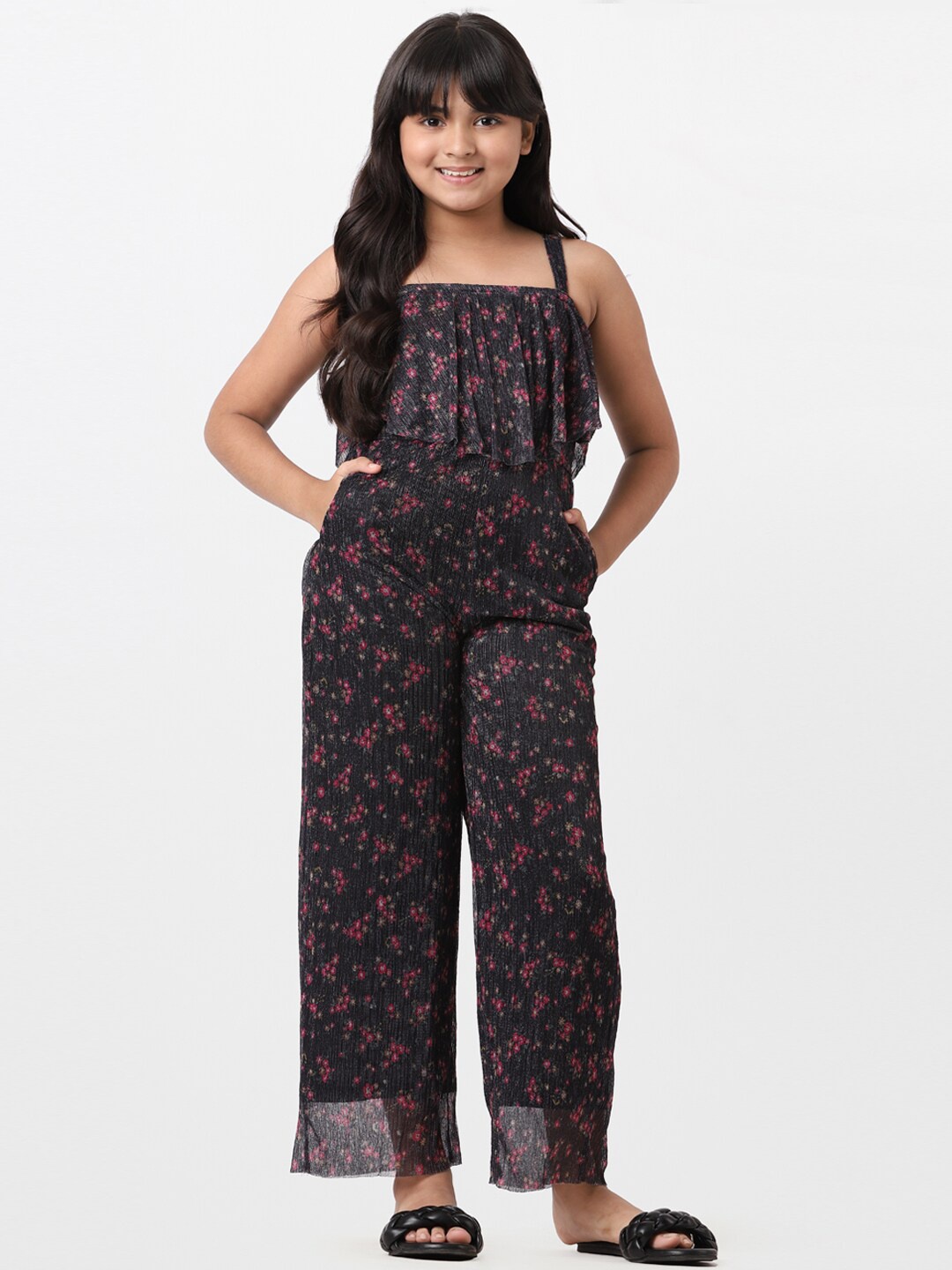 

AND Girls Printed Shoulder Straps Basic Jumpsuit With Layered, Blue