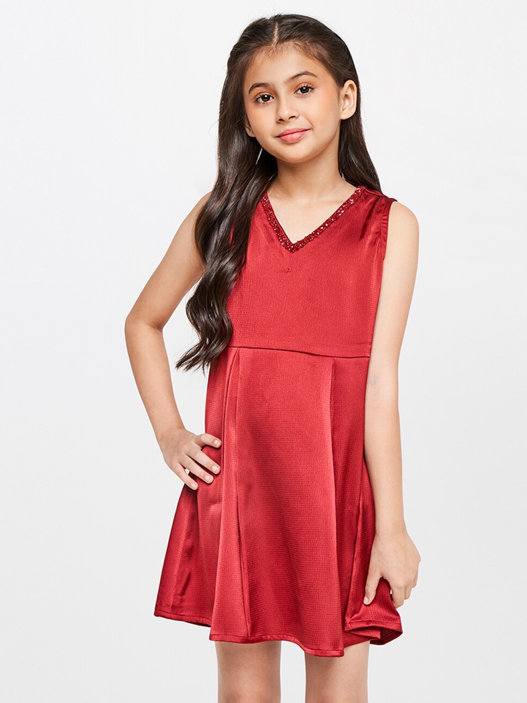 

AND V-Neck Embellished detailed A-Line Dress, Maroon