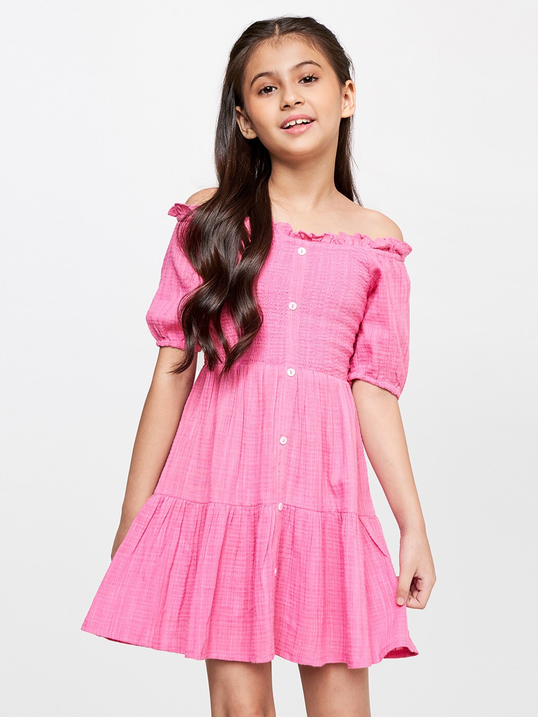 

AND Off-Shoulder Self Design Smocked Fit & Flare Dress, Pink