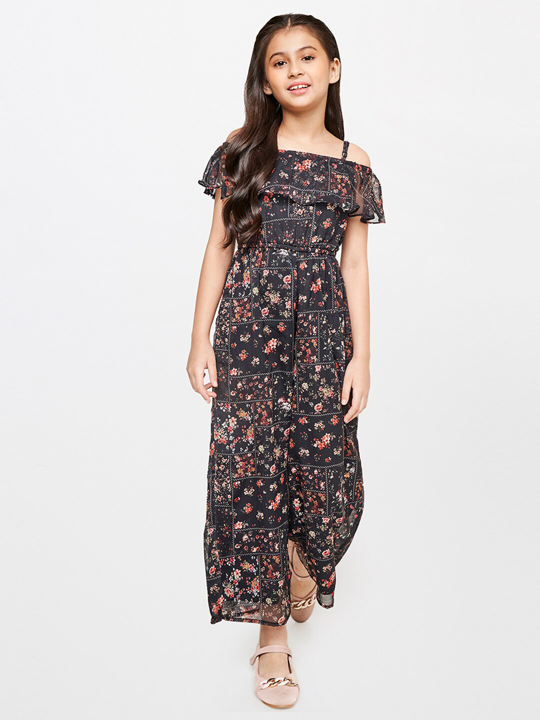 

AND Girls Printed Basic Jumpsuit With Ruffles, Black