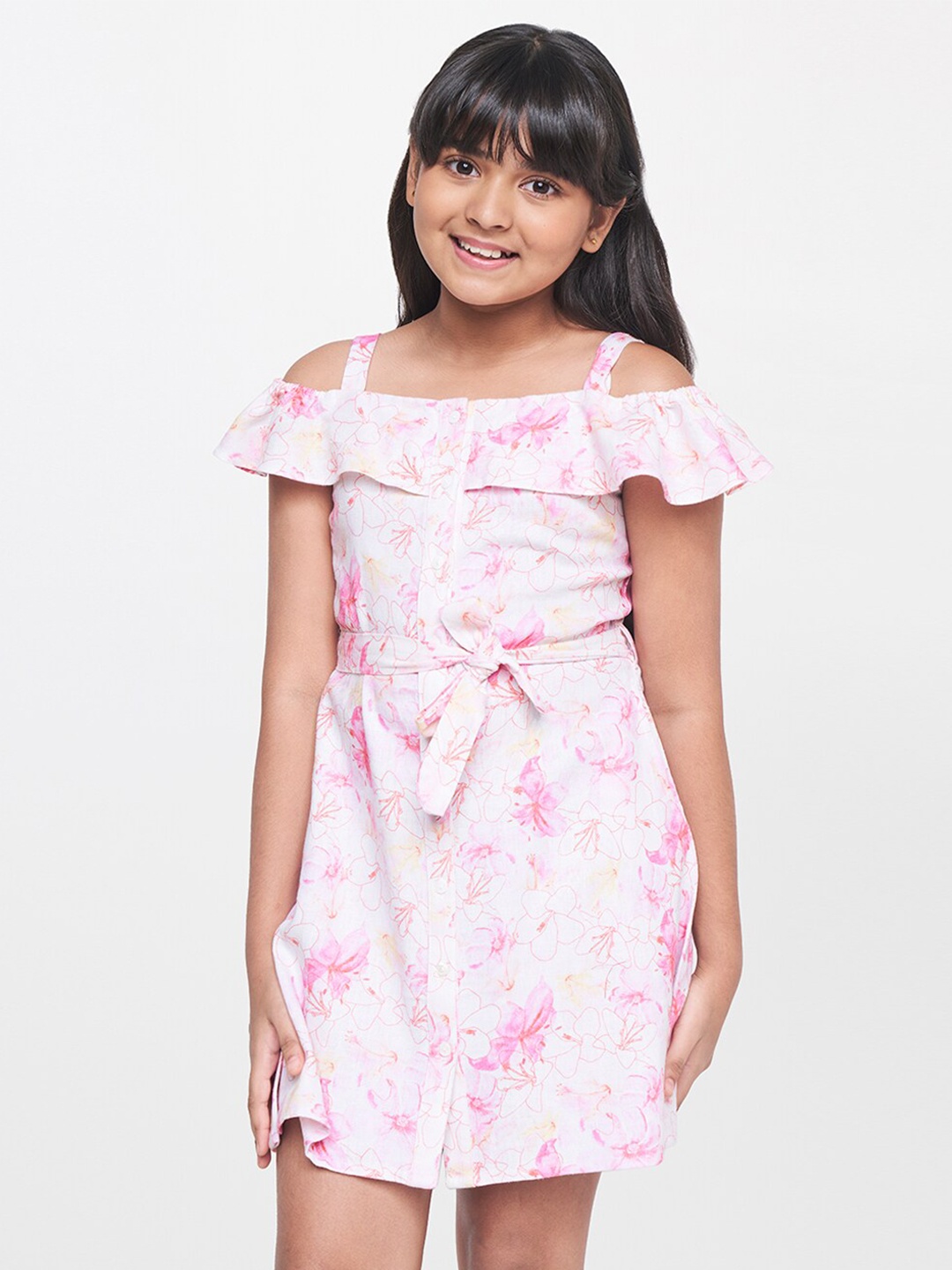 

AND Floral Printed Linen Ruffled A-Line Mini Dress, White