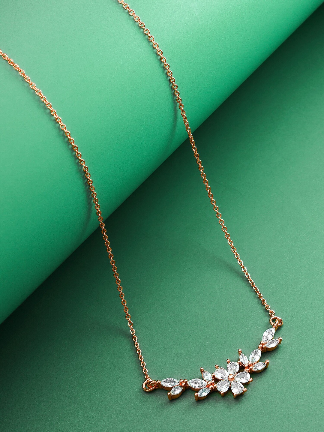 

Aadita Rose Gold-Plated CZ Stone Studded Floral Pendant With Chain