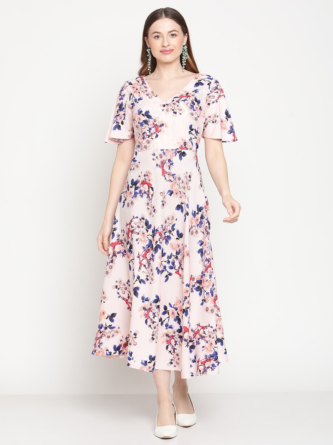 

COASTLAND Floral Printed V-Neck Flared Sleeves Midi Dress, Pink