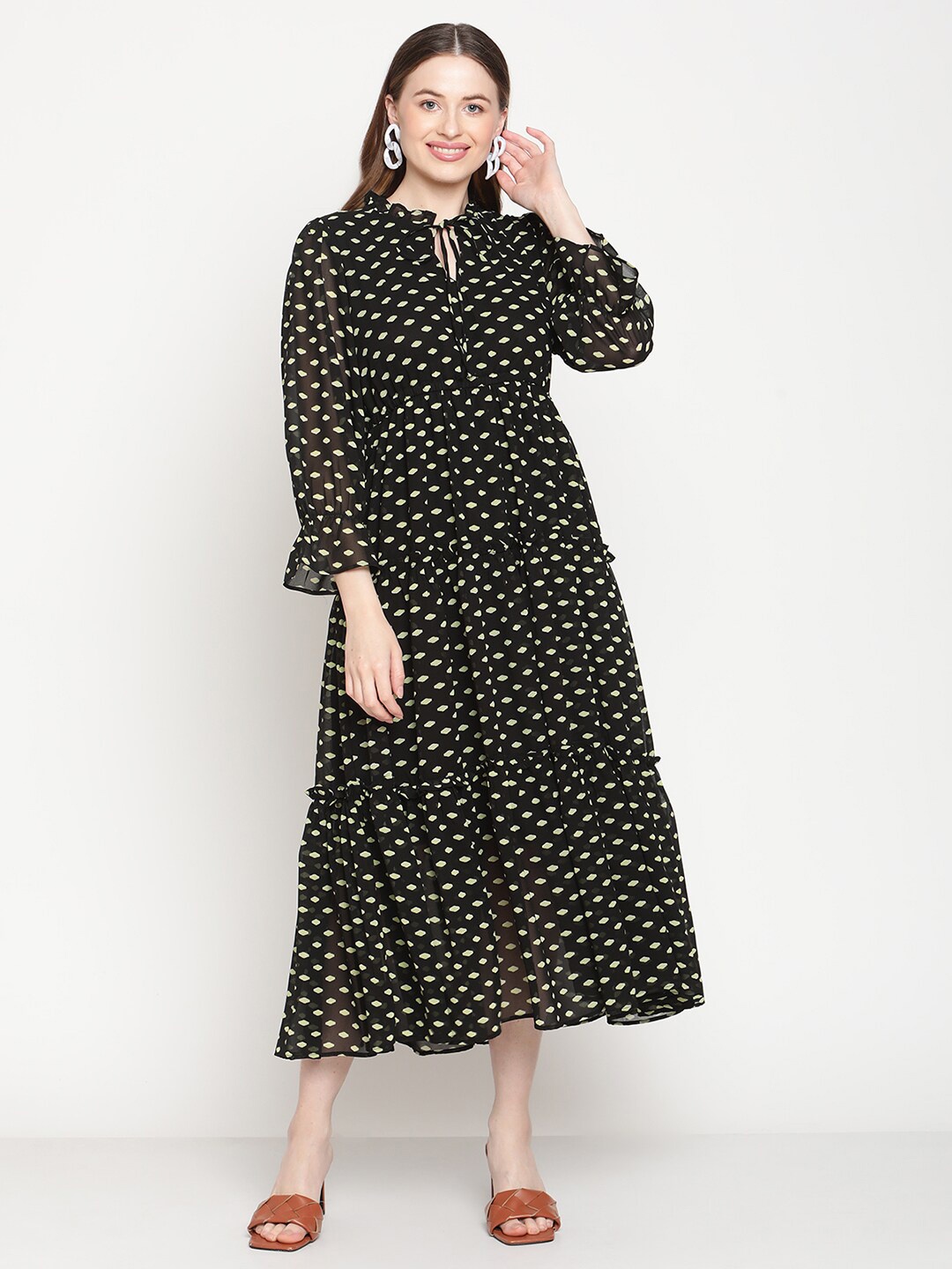 

COASTLAND Geometric Printed Georgette A-Line Midi Dress, Black