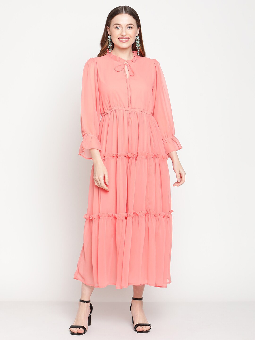 

COASTLAND Tie-Up Neck Bell Sleeves Gathered Detail Tiered Georgette Fit & Flare Midi Dress, Peach
