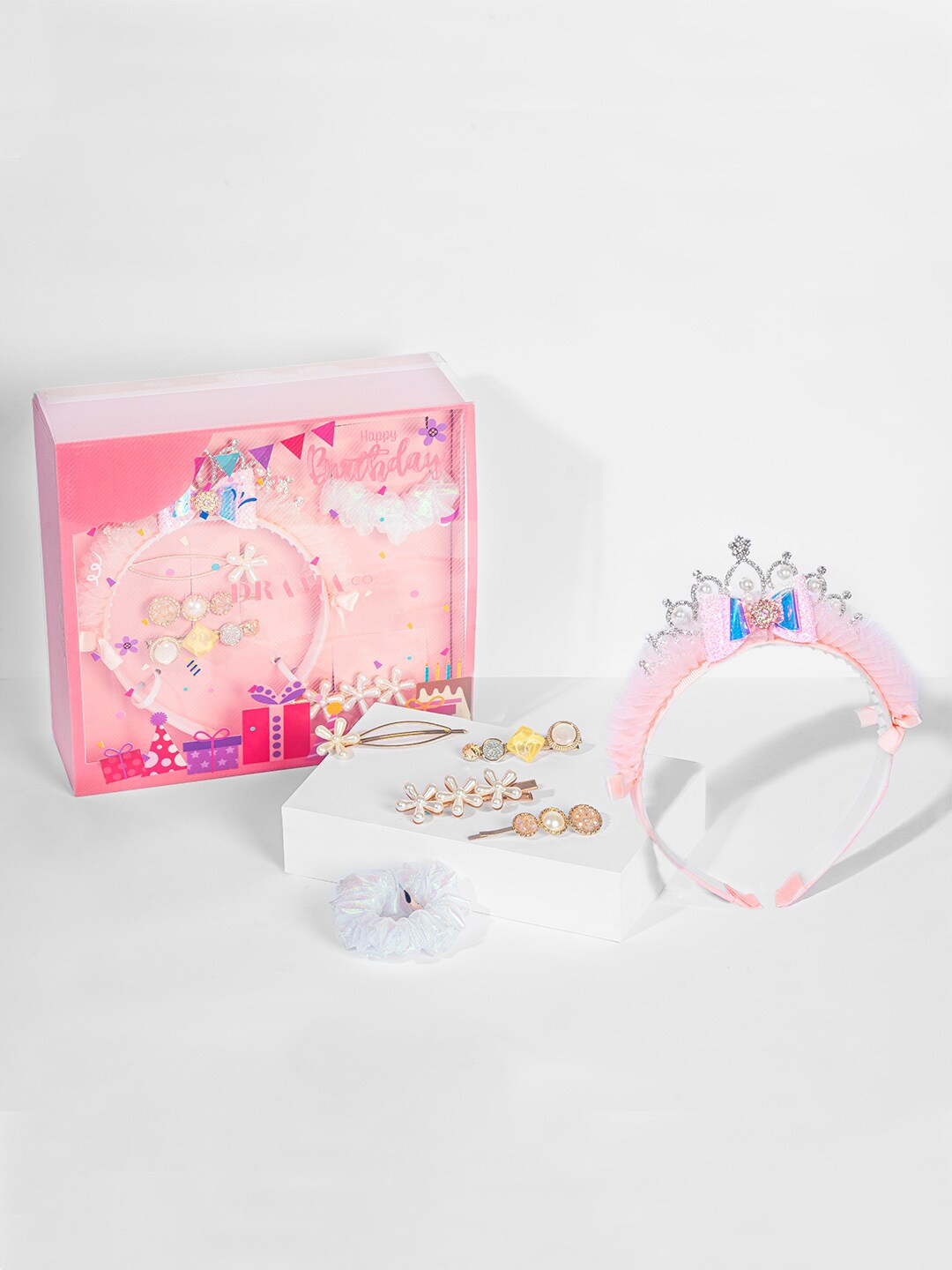 

HAIR DRAMA COMPANY Girls Set of 6 Embellished 1 Tiara, 1 Hair Ties & 4 Hair Pins Gift Box, Peach