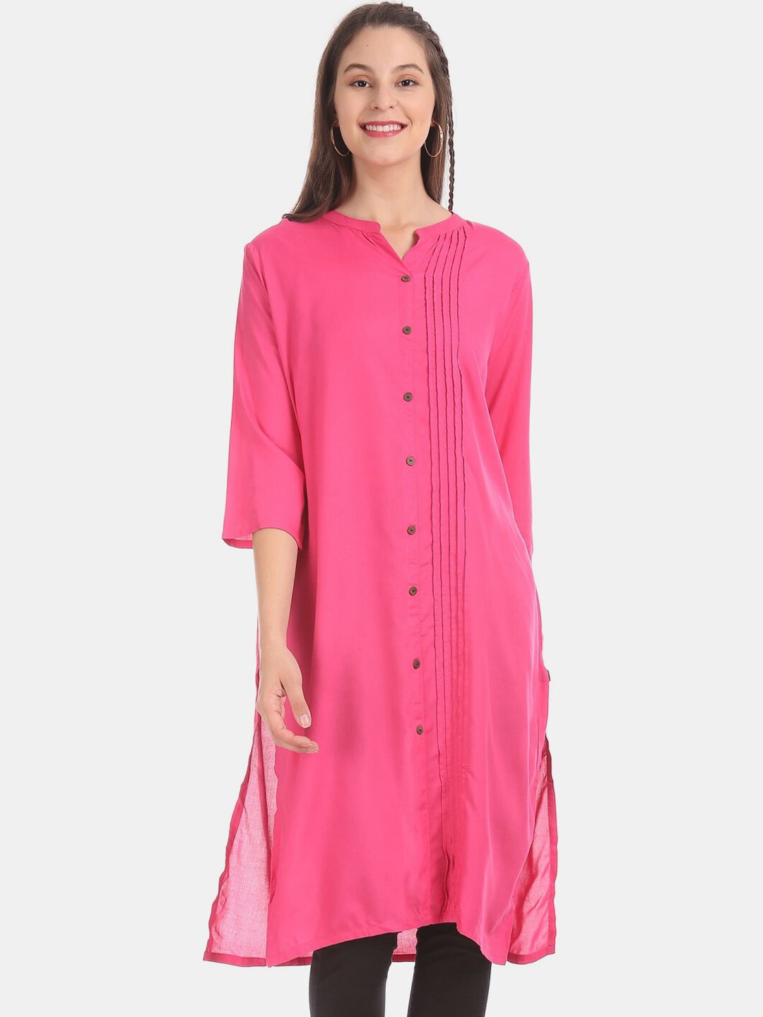 

V-Mart Women Cotton Mandarin Collar Kurta, Pink