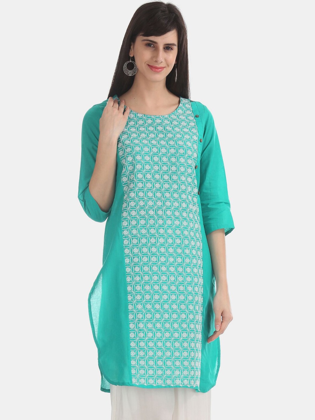 

V-Mart Women Cotton Ethnic Motifs Embroidered Round Neck Kurta, Green