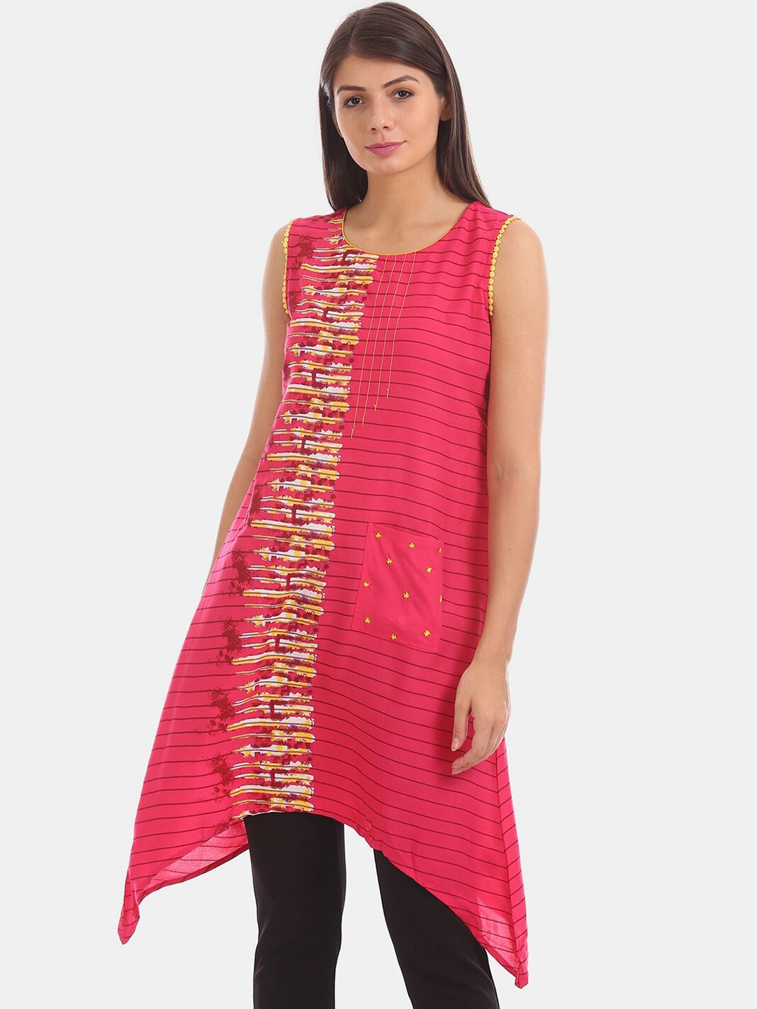 

V-Mart Women Cotton Geometric Printed Round Neck Kurta, Pink