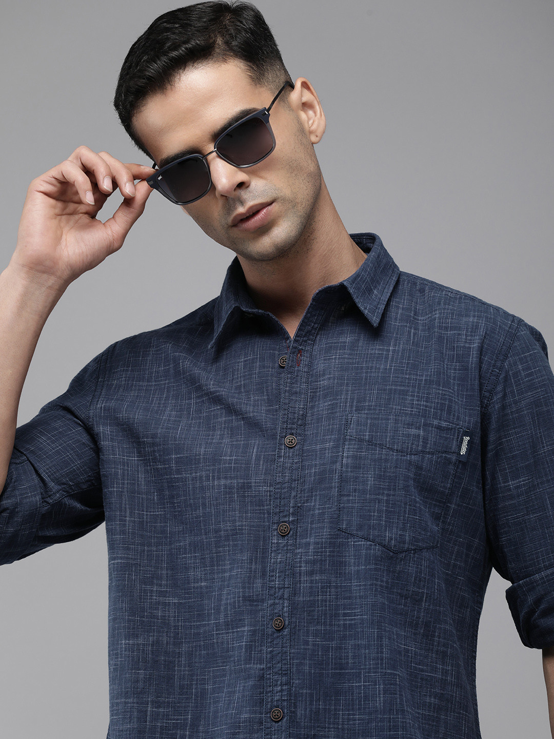 

The Roadster Life Co. Pure Cotton Checked Casual Shirt, Navy blue