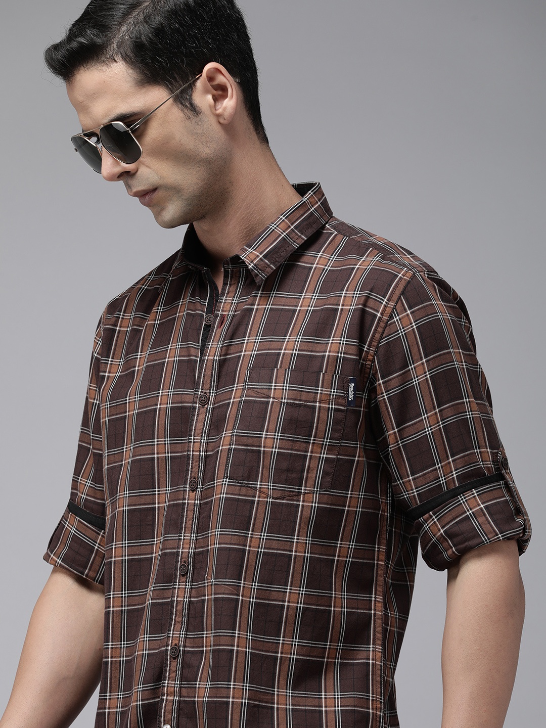 

The Roadster Lifestyle Co. Checked Pure Cotton Casual Shirt, Brown