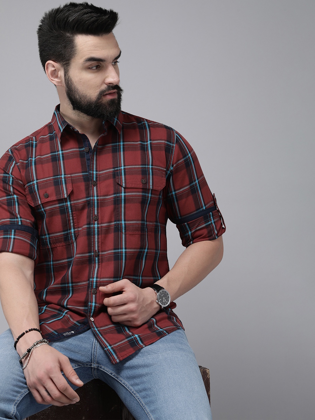 

The Roadster Lifestyle Co. Checked Pure Cotton Casual Shirt, Red