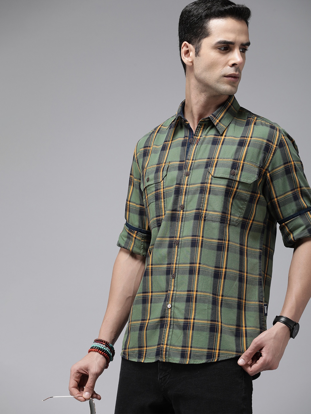 

The Roadster Lifestyle Co. Men Pure Cotton Tartan Checks Casual Shirt, Olive