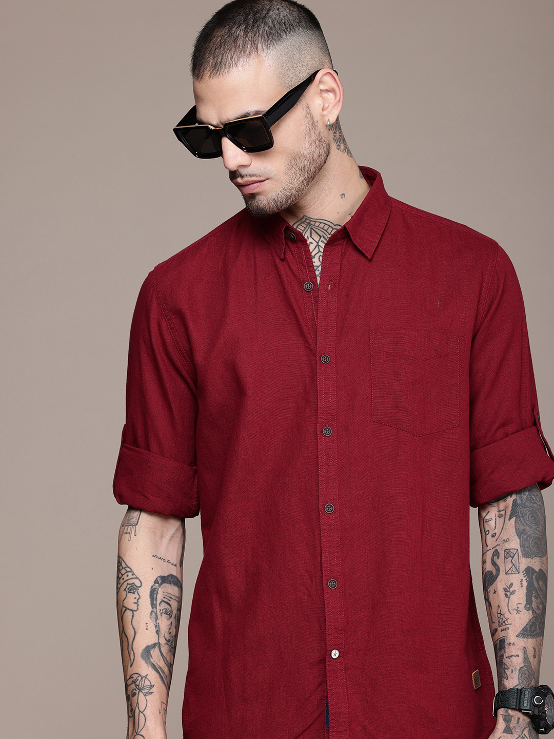 

Roadster Men Cotton Linen Casual Shirt, Red