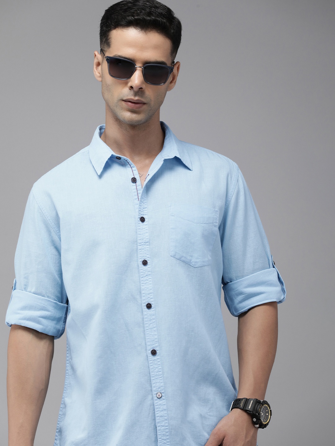 

The Roadster Lifestyle Co. Men Cotton Linen Solid Opaque Casual Shirt, Blue