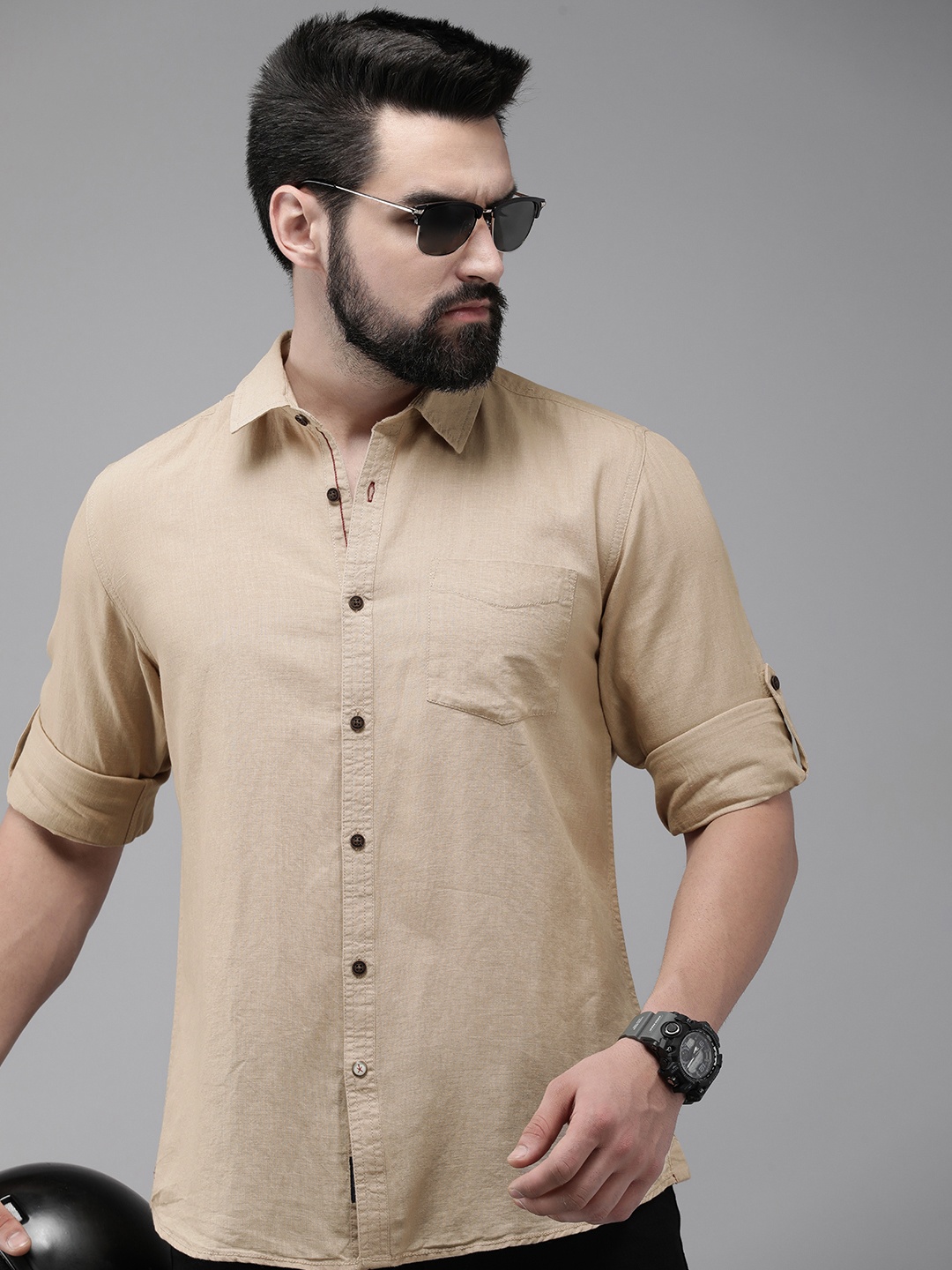 

The Roadster Lifestyle Co. Men Cotton Linen Solid Opaque Casual Shirt, Beige