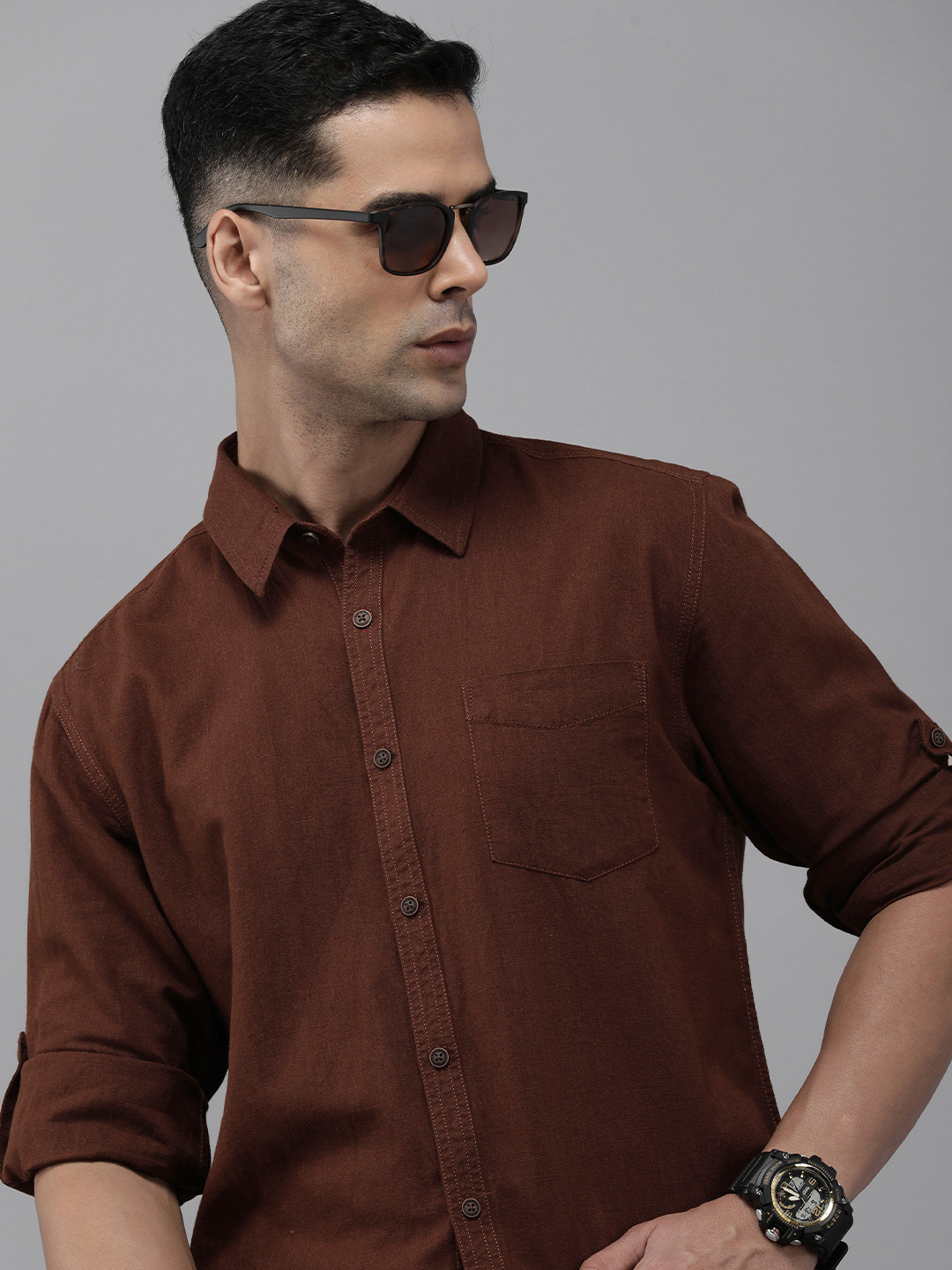 

The Roadster Lifestyle Co. Men Cotton Linen Opaque Casual Shirt, Brown