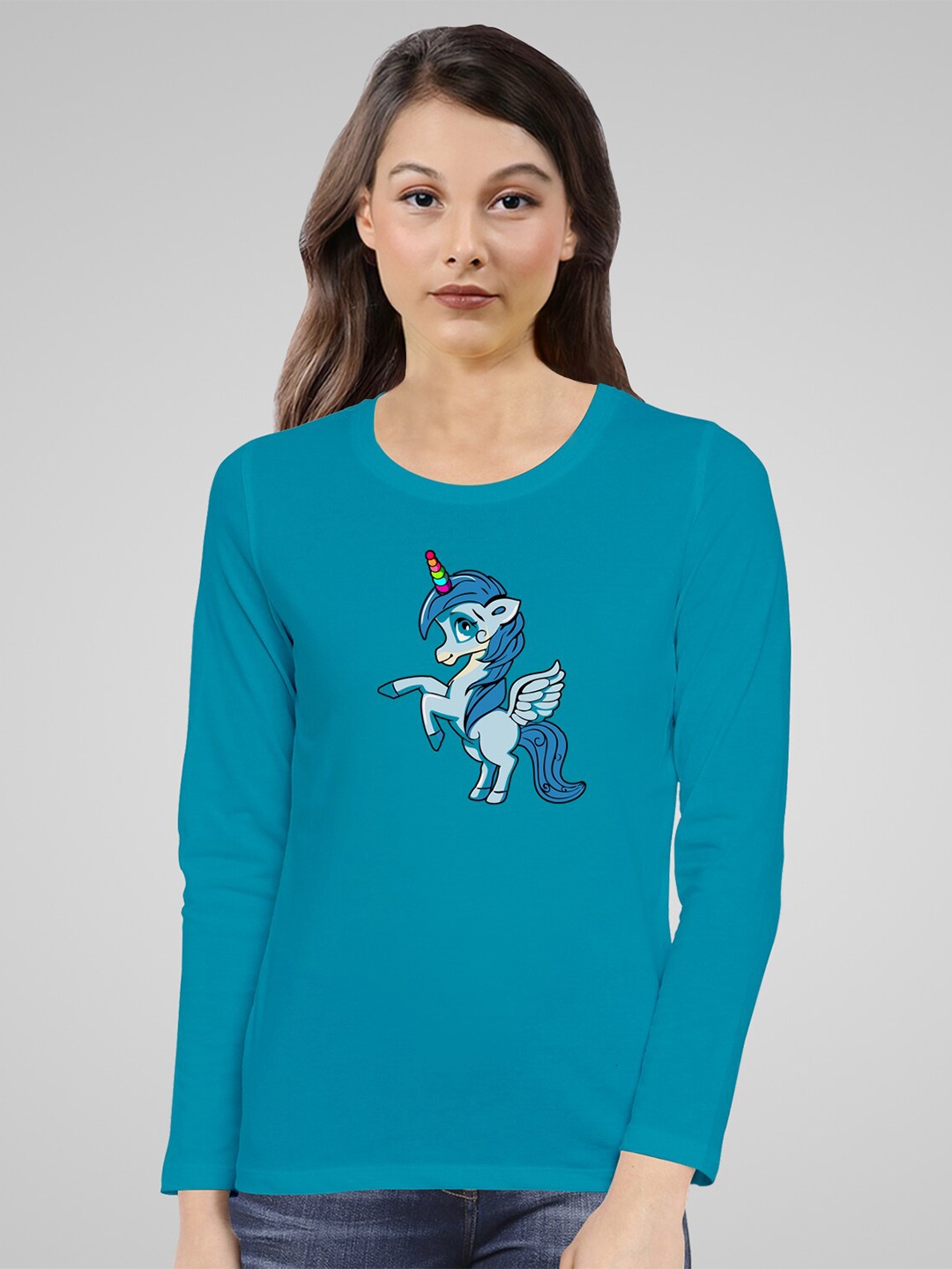 

Pootlu Women Printed Pure Cotton T-shirt, Turquoise blue