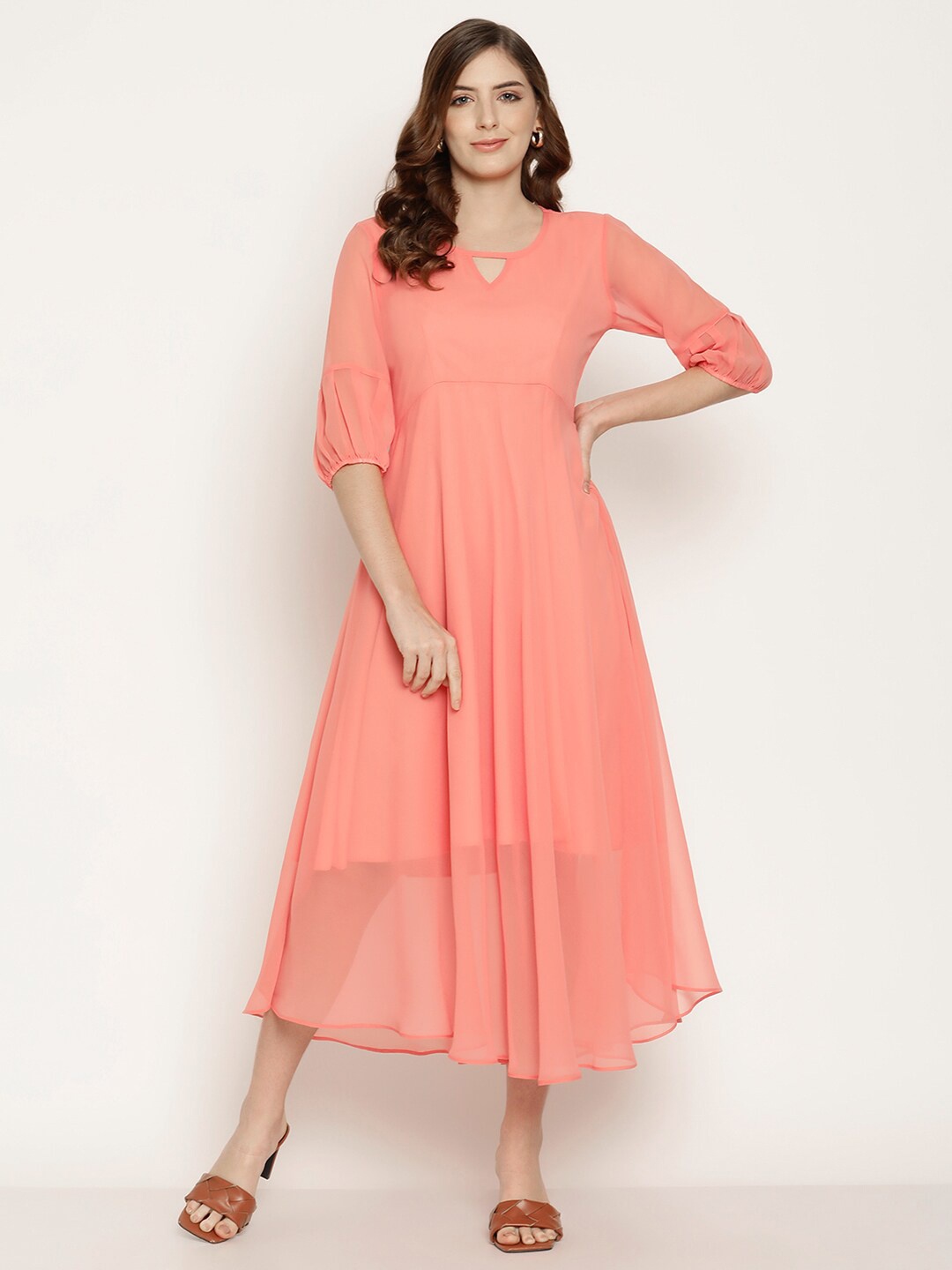 

COASTLAND Keyhole Neck Georgette A-Line Midi Dress, Coral